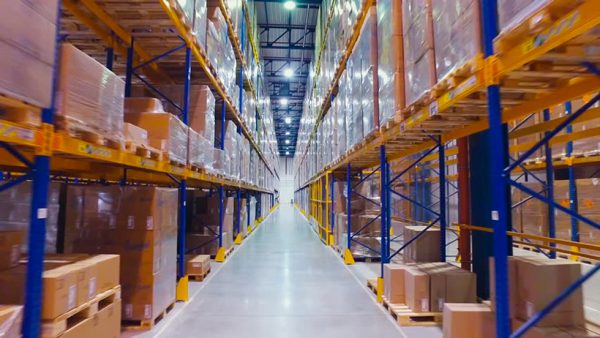 Boxes stacked in pallet racks